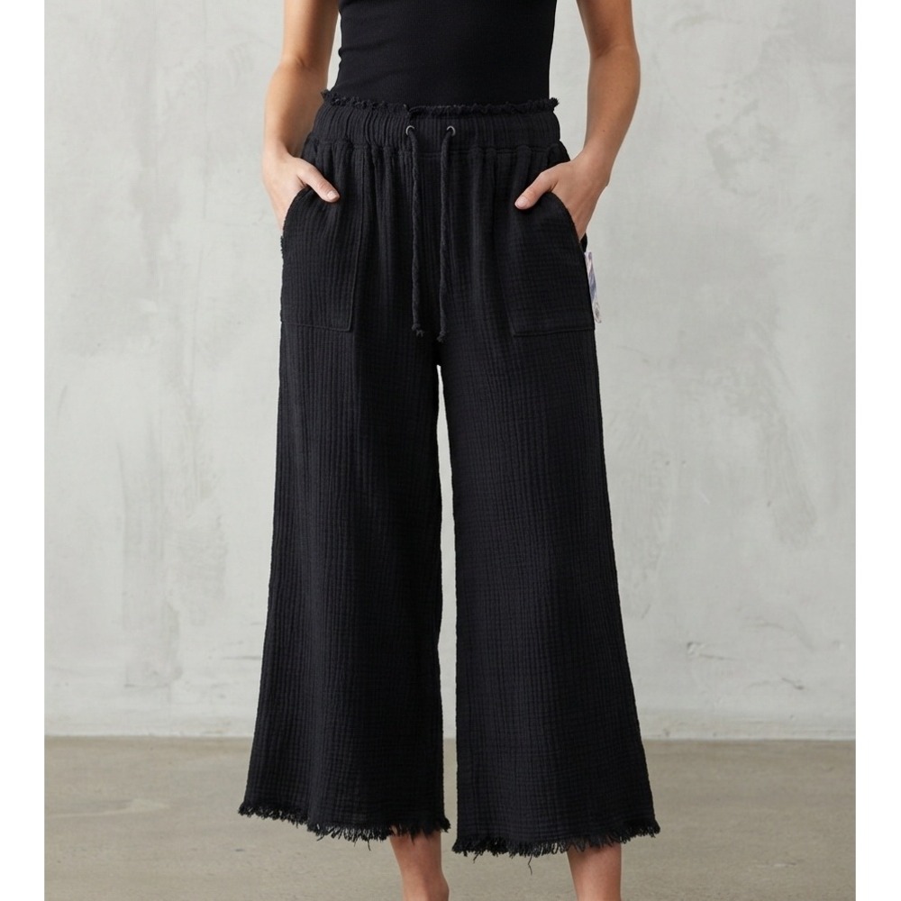 American Rag Gauze Boho Wide Leg Raw Hem Crop Pants Black M